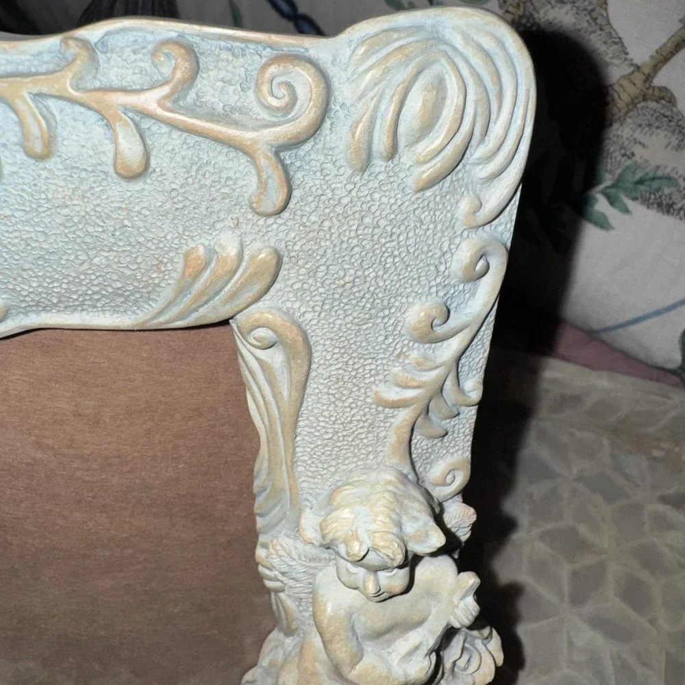 Vtg Ceramic Cherub Picture Frame Blue Gray Gold Tone Textured